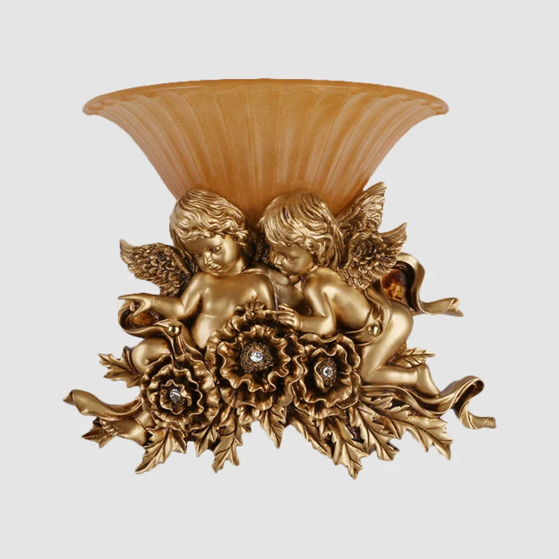 Étanche IP44 Applique murale rustique à 1 tête en verre cannelé opale doré/beige avec décor à deux anges