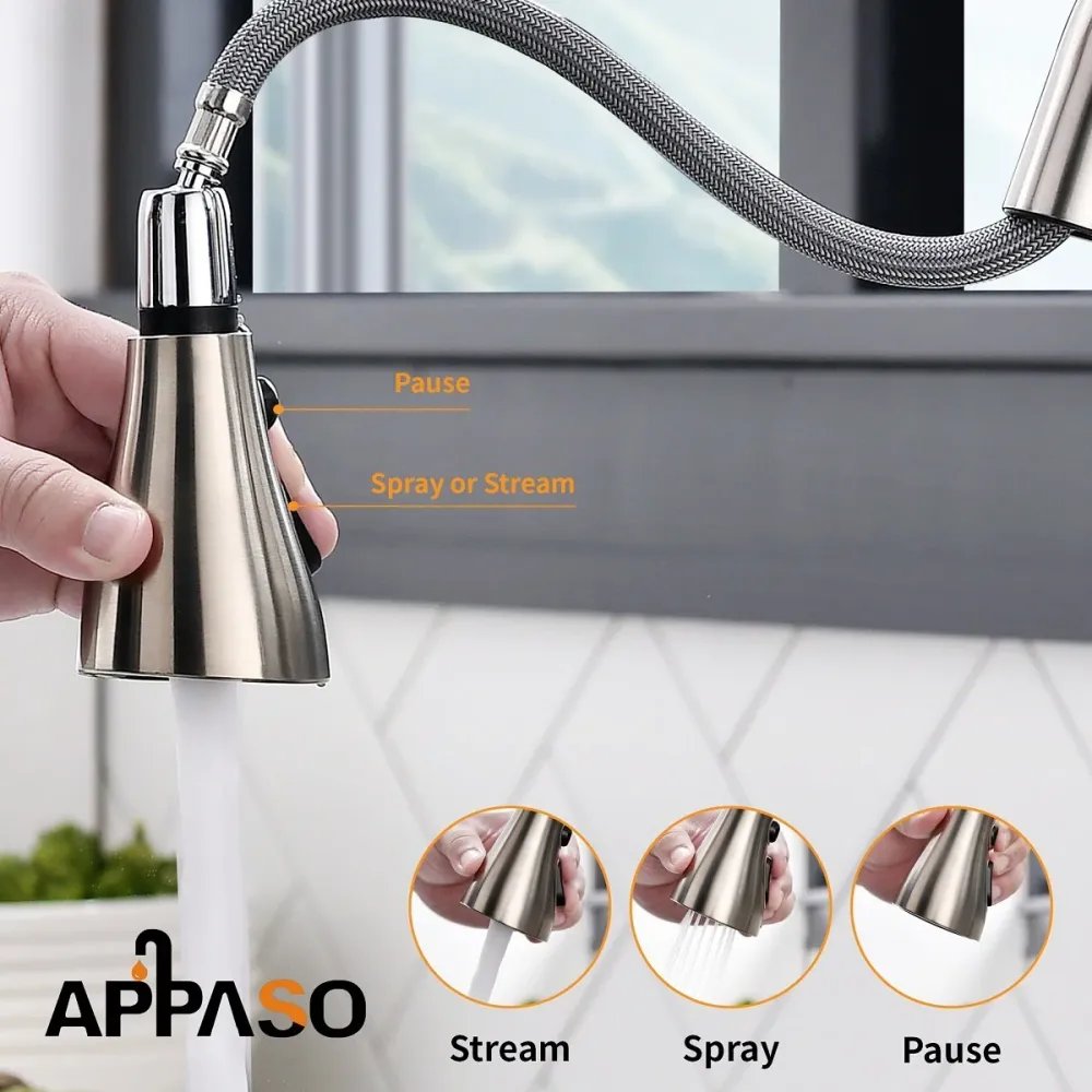 APPASO 149BN Pull Down Kitchen Faucet Texturé Nickel Soap Dispenser