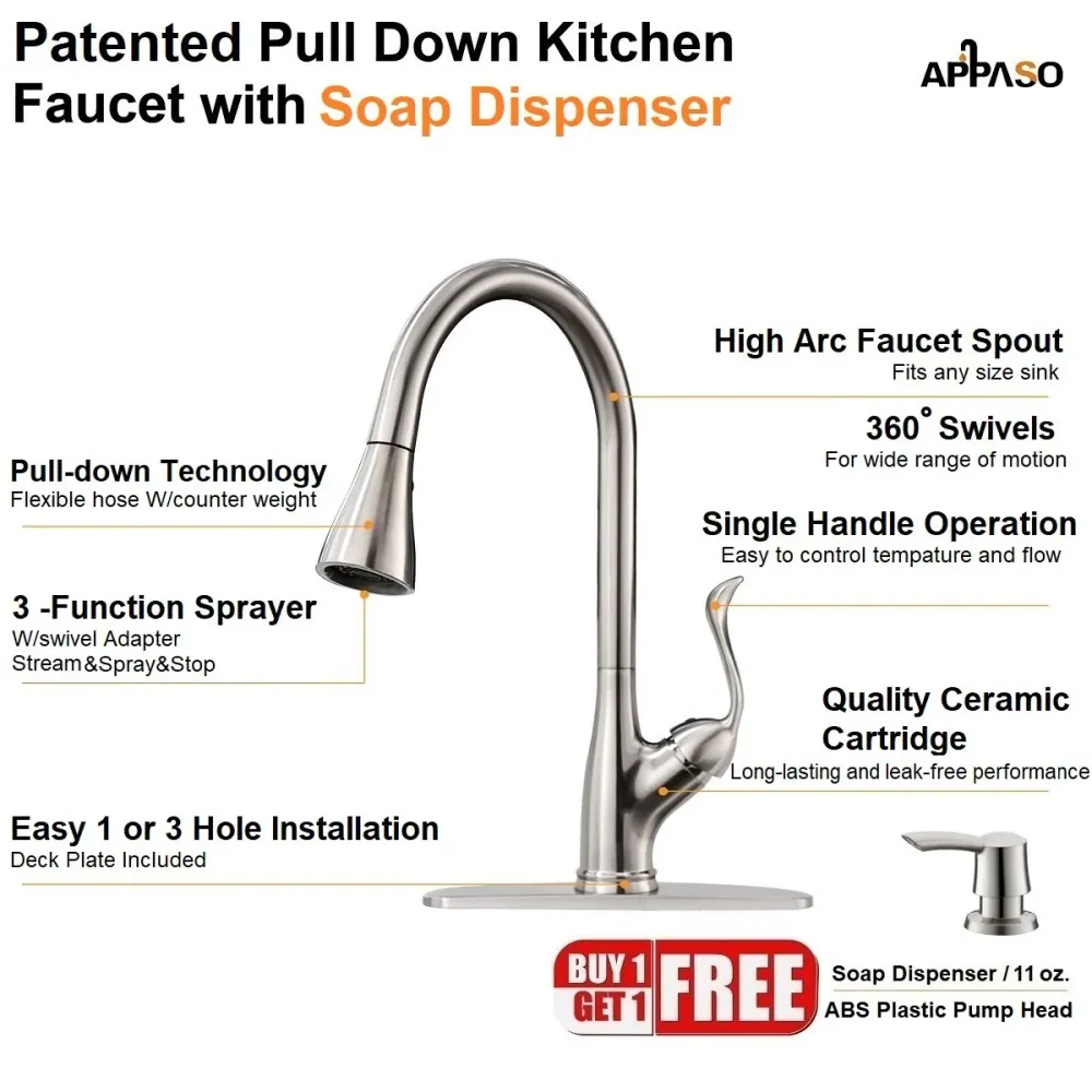 APPASO 149BN Pull Down Kitchen Faucet Texturé Nickel Soap Dispenser
