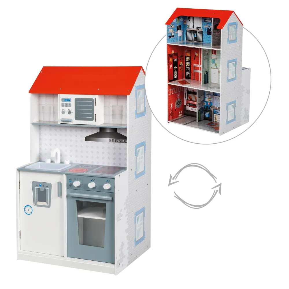 2in1 Puppenhaus & Kinderküche, großes Spielhaus für Jungs und Spielküche einem